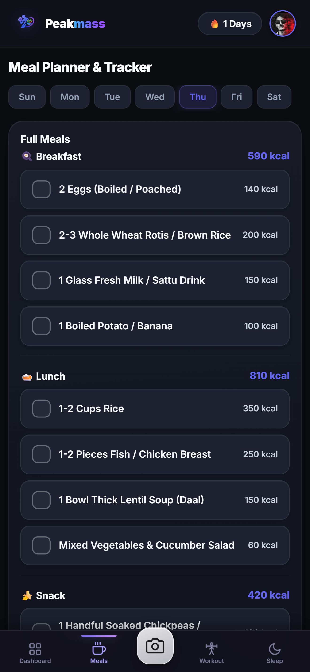 Peakmass Meal and Calorie Planner