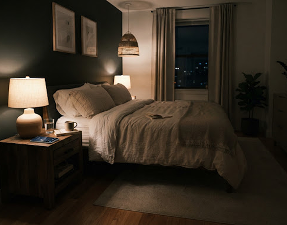 Calm evening bedroom with phone on nightstand